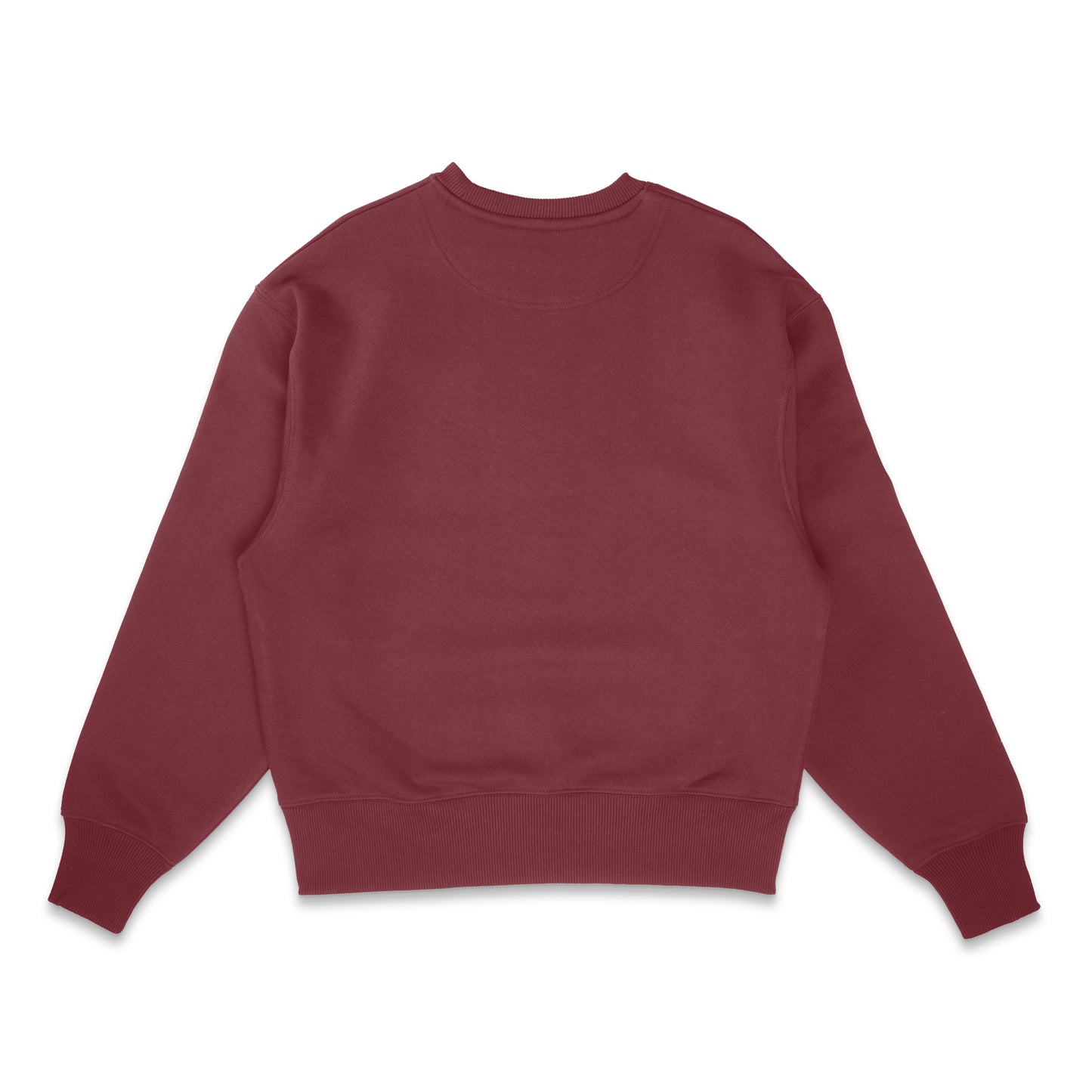 Backside of a burgundy red crewneck sweater for bikers