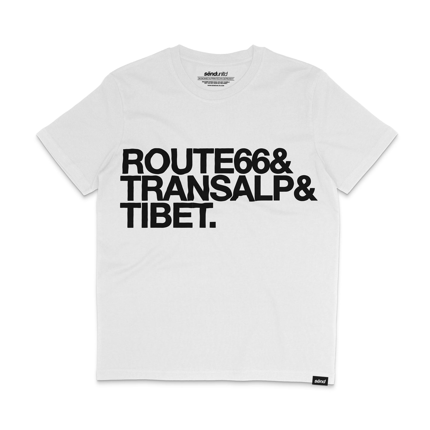 Frontside of a white t-shirt with a bold Route 66 & Transalp & Tibet print on the chest