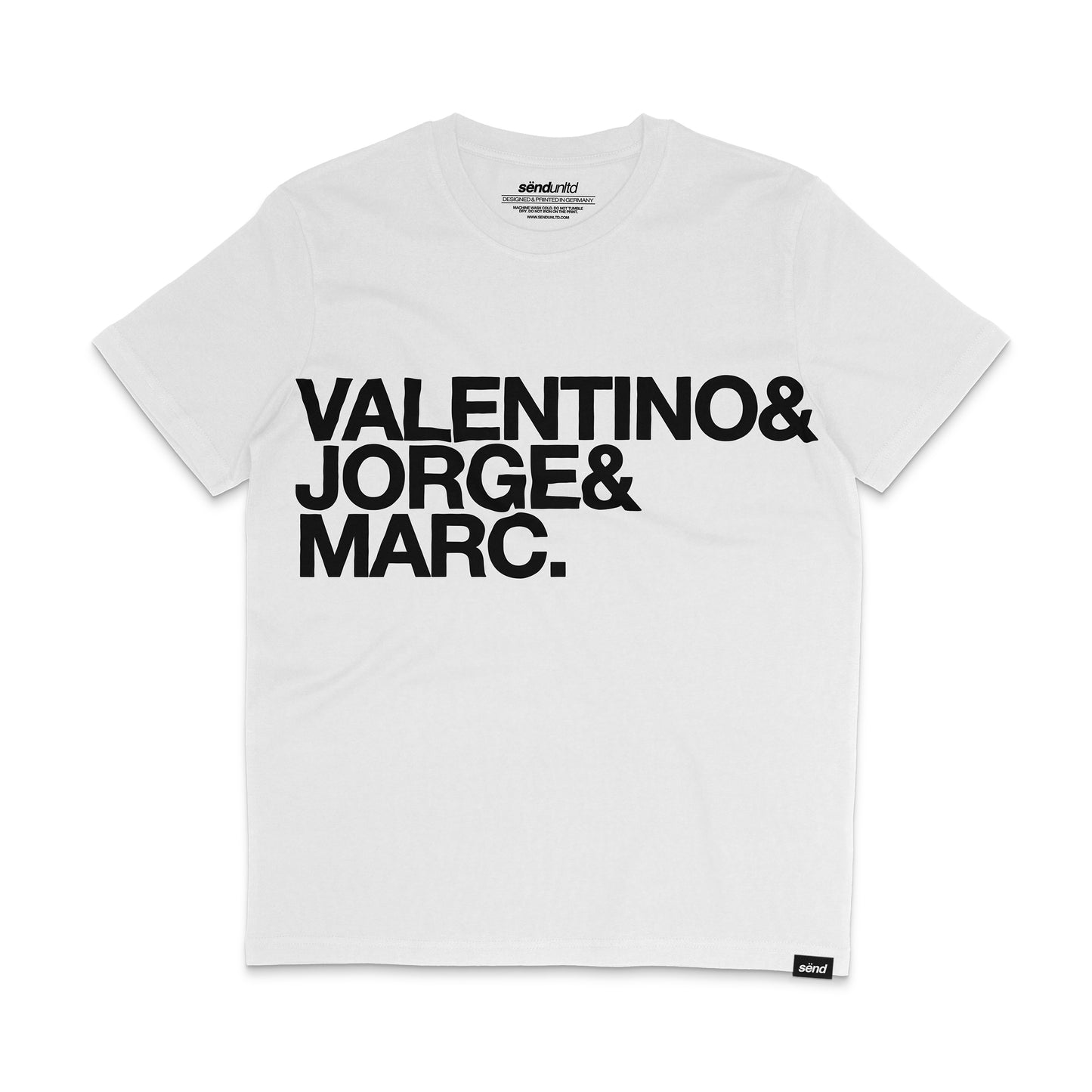 Frontside of a white t-shirt with a bold Valentino & Jorge & Marc print on the chest