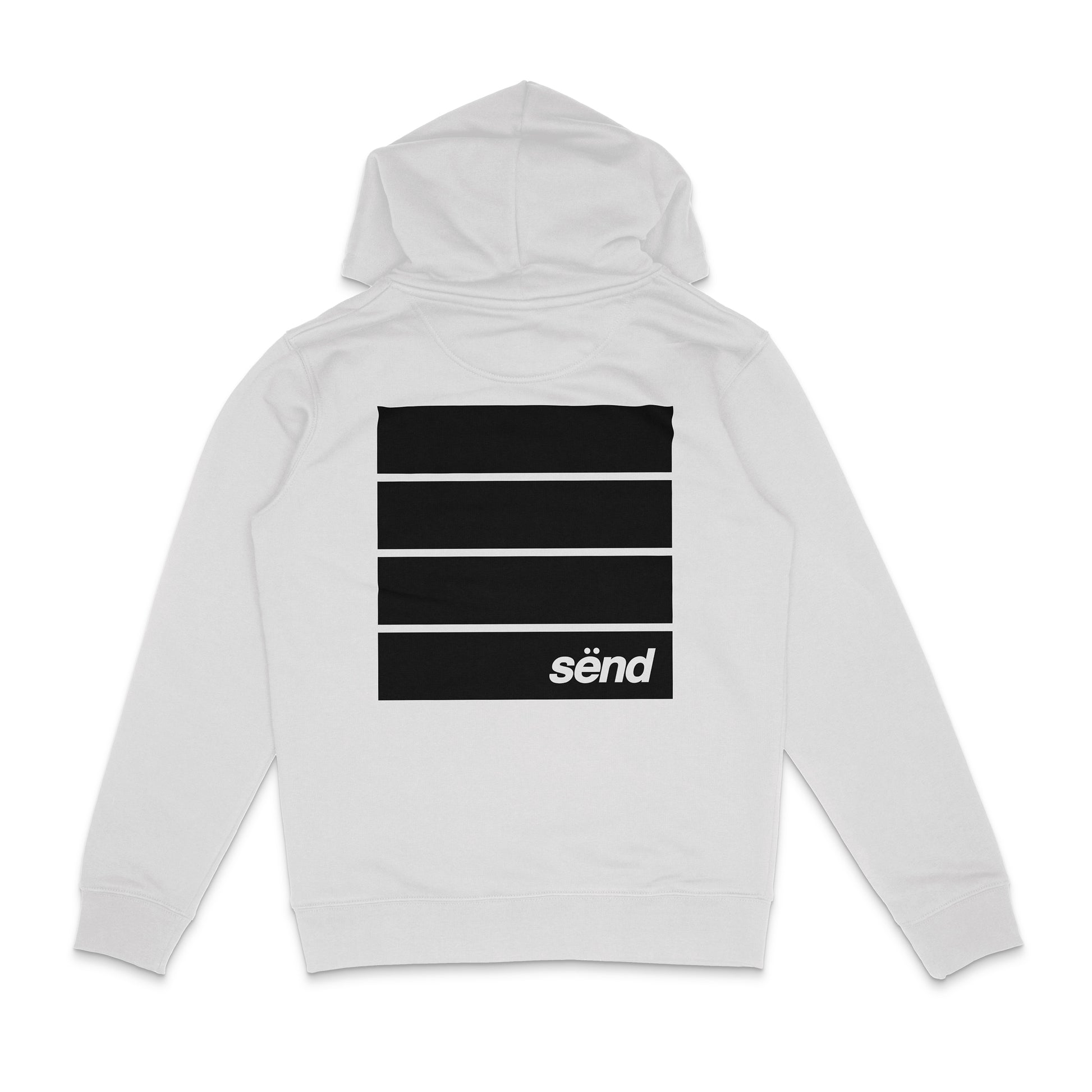 Backside of a white hoodie for bikers with a bold sënd unltd graphic print