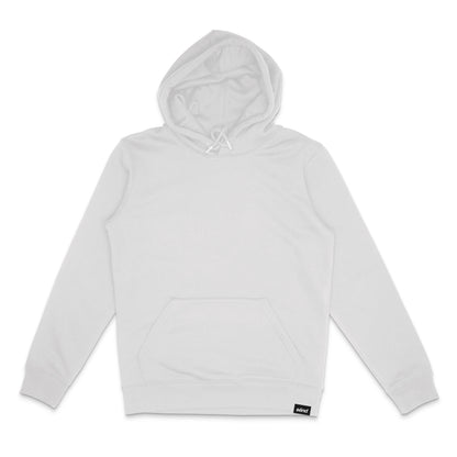 Frontside of a white hoodie for bikers with a small sënd logo hem tag