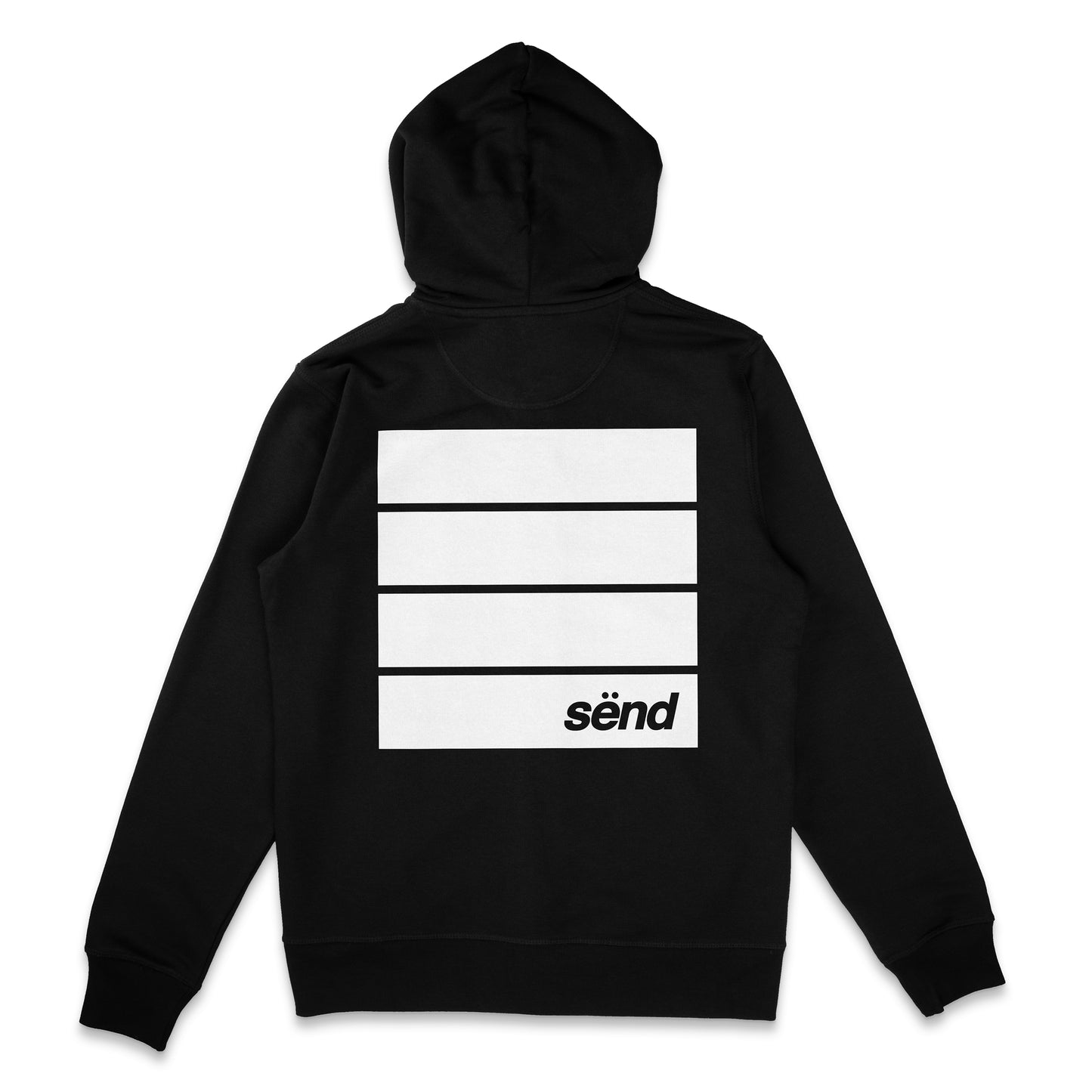 Backside of a black zip-hoodie for bikers with a bold sënd unltd graphic print