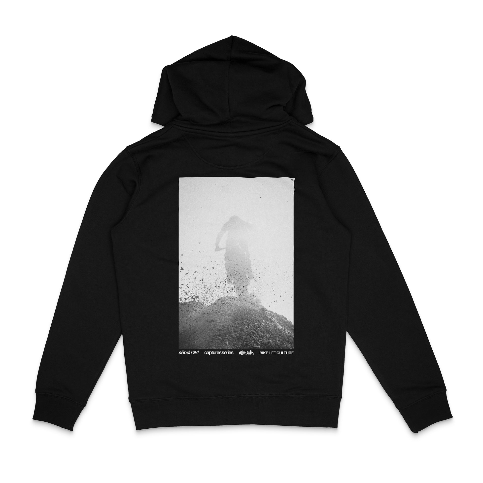 Backside of a black hoodie with a large photo backprint of a dirt bike jump