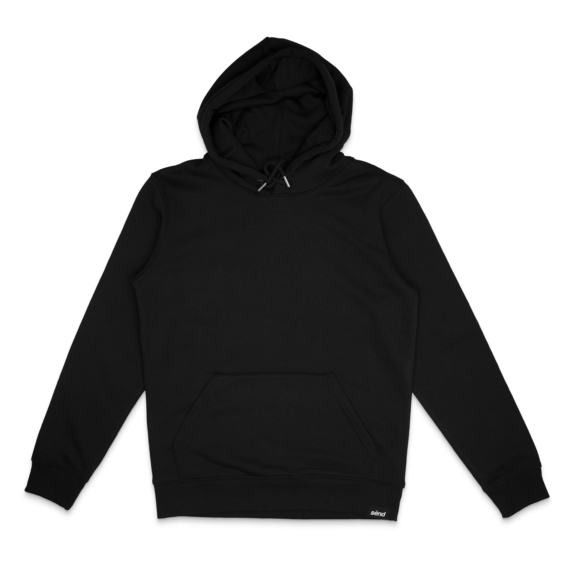 Frontside of a black hoodie for bikers with a small sënd logo hem tag