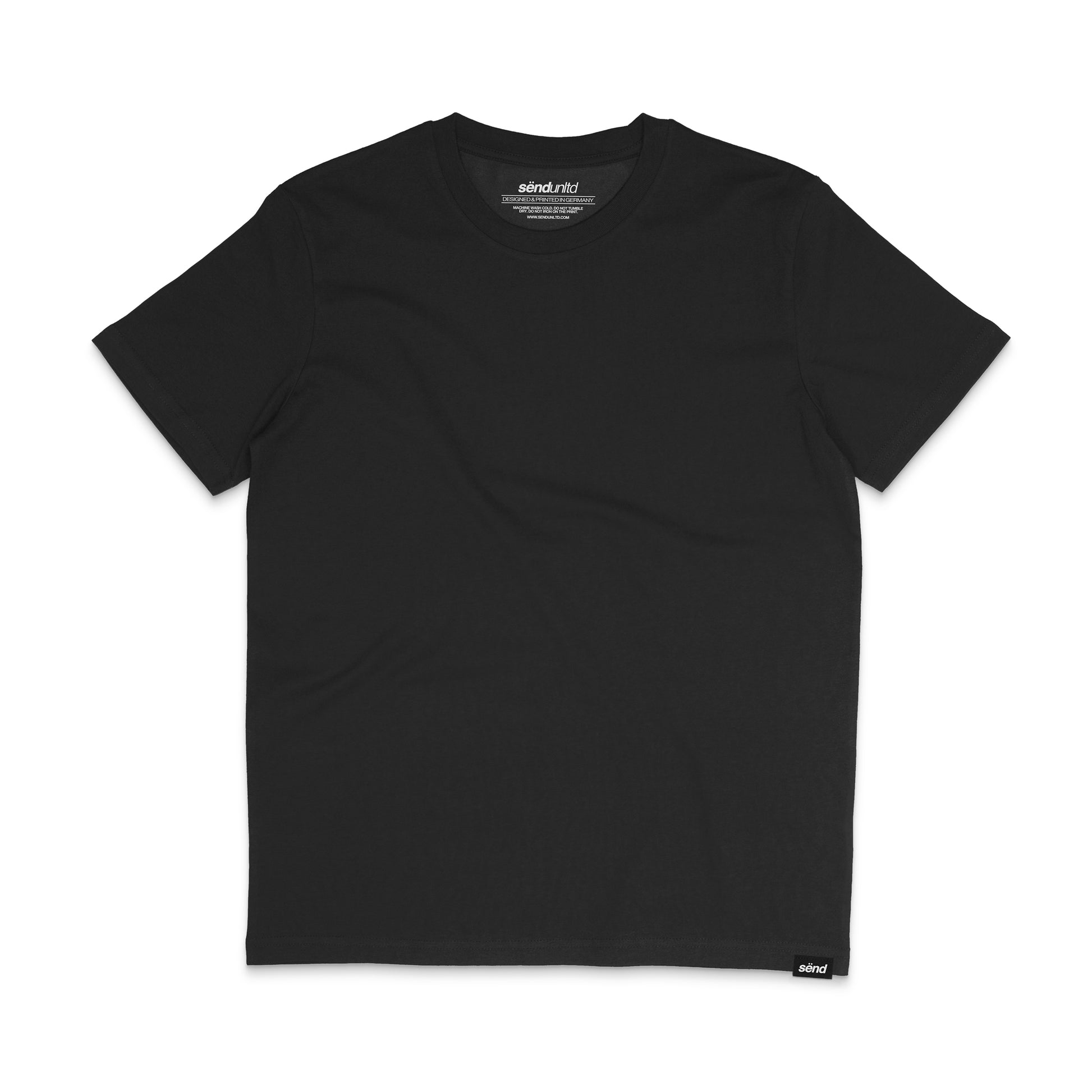 Frontside of a black t-shirt for bikers with a small sënd logo hem tag