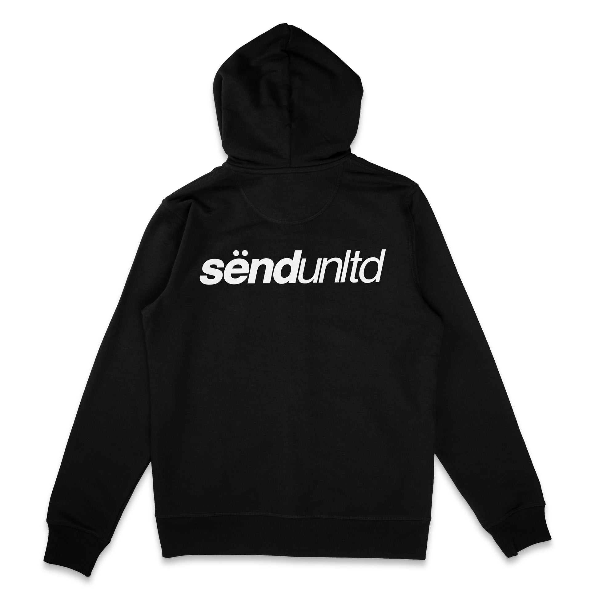 Backside of a black zip-hoodie for bikers with a bold sënd unltd logo print