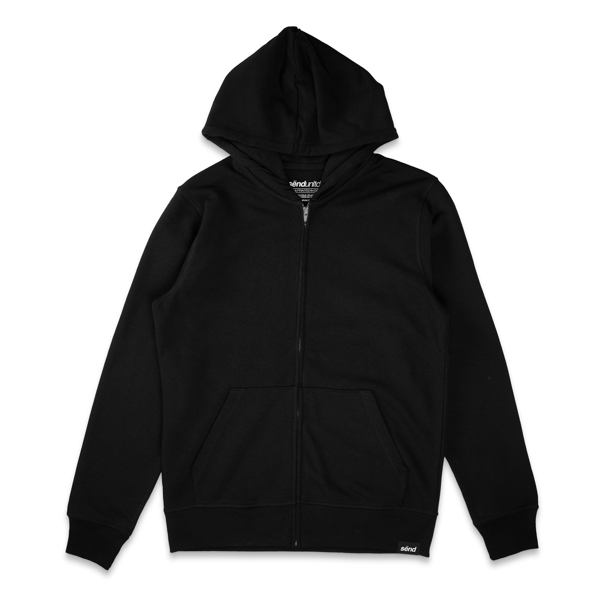 Frontside of a black zip-hoodie for bikers with a small sënd logo hem tag