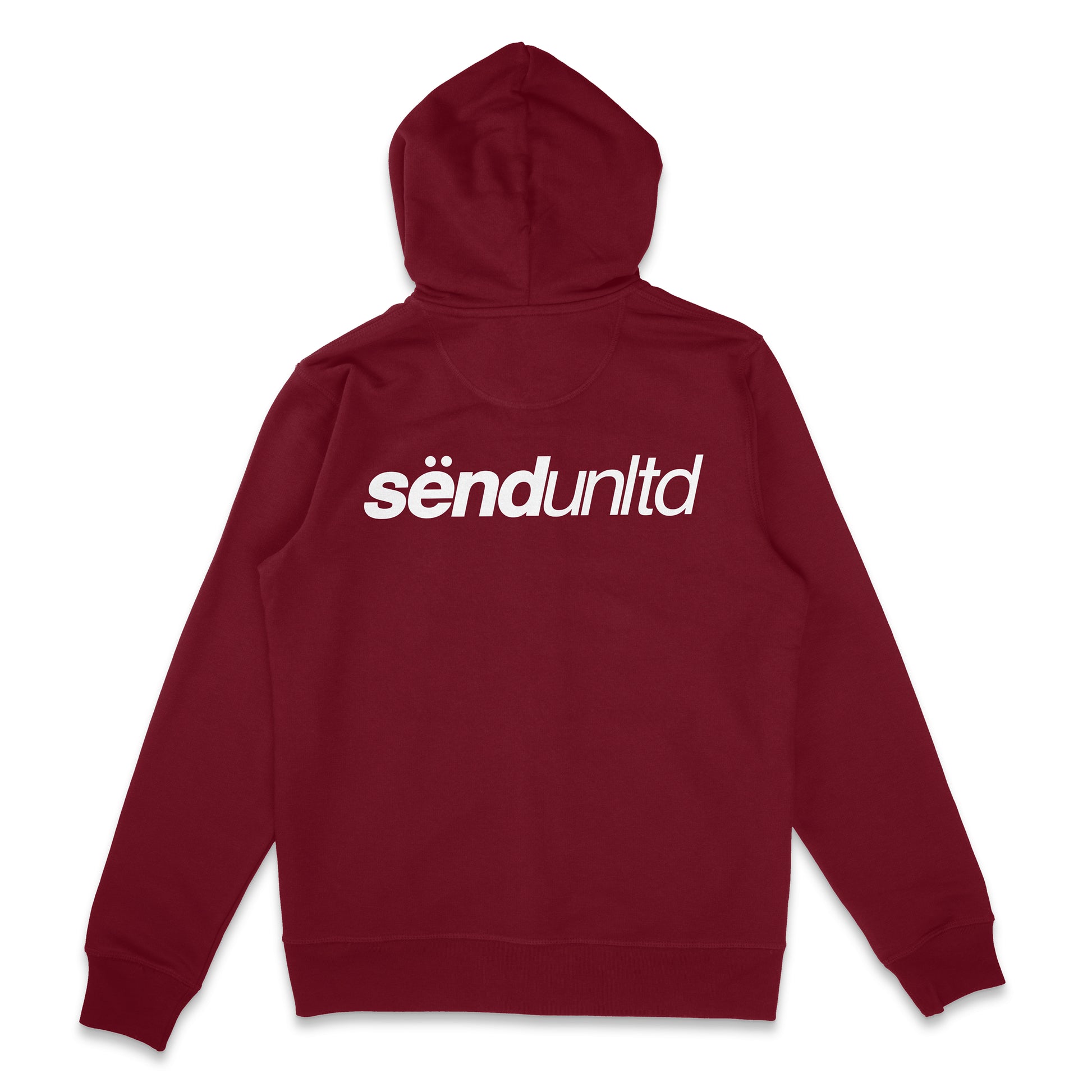 Backside of a burgundy red zip-hoodie for bikers with a bold sënd unltd logo print