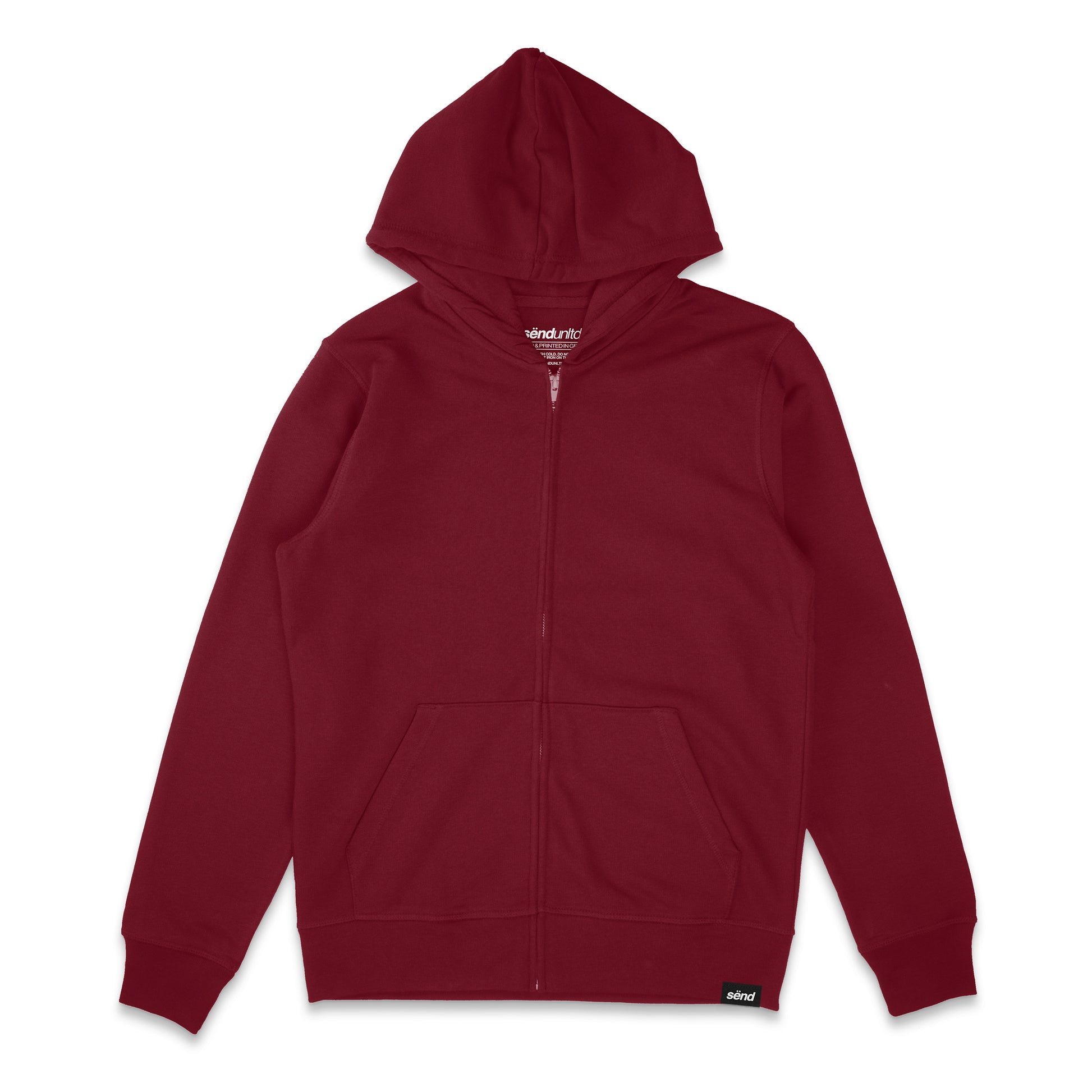 Frontside of a burgundy red zip-hoodie for bikers with a small sënd logo hem tag