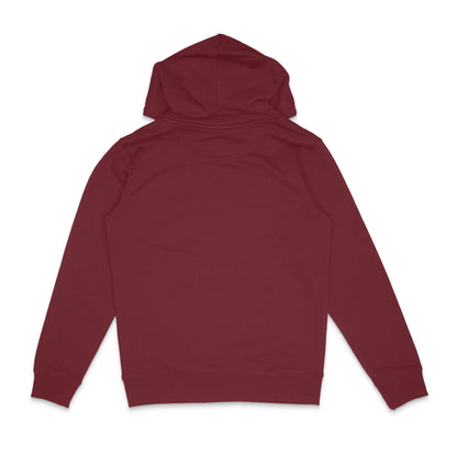 Backside of a burgundy red hoodie for bikers