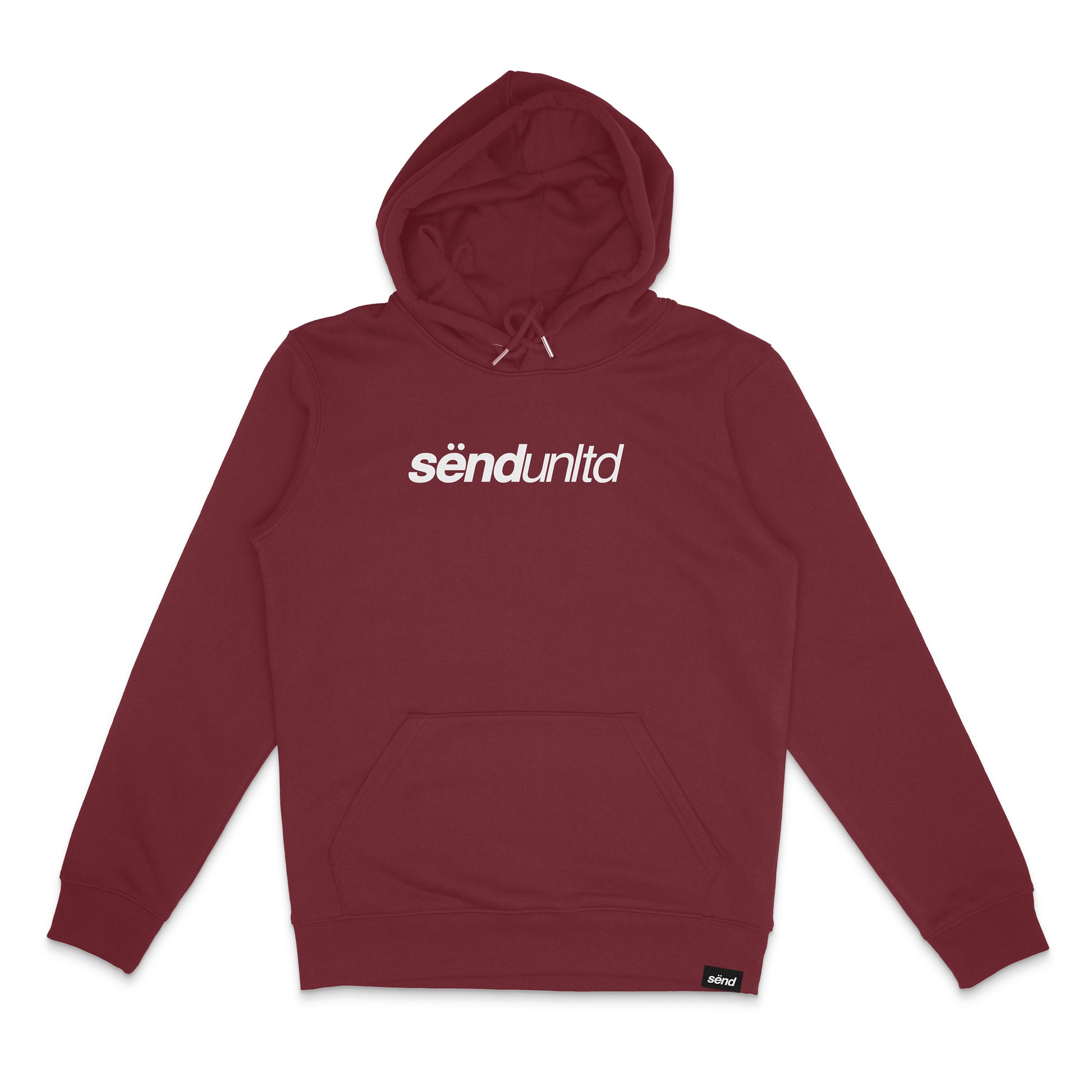 Frontside of a burgundy red hoodie for bikers with a bold sënd logo print on the chest