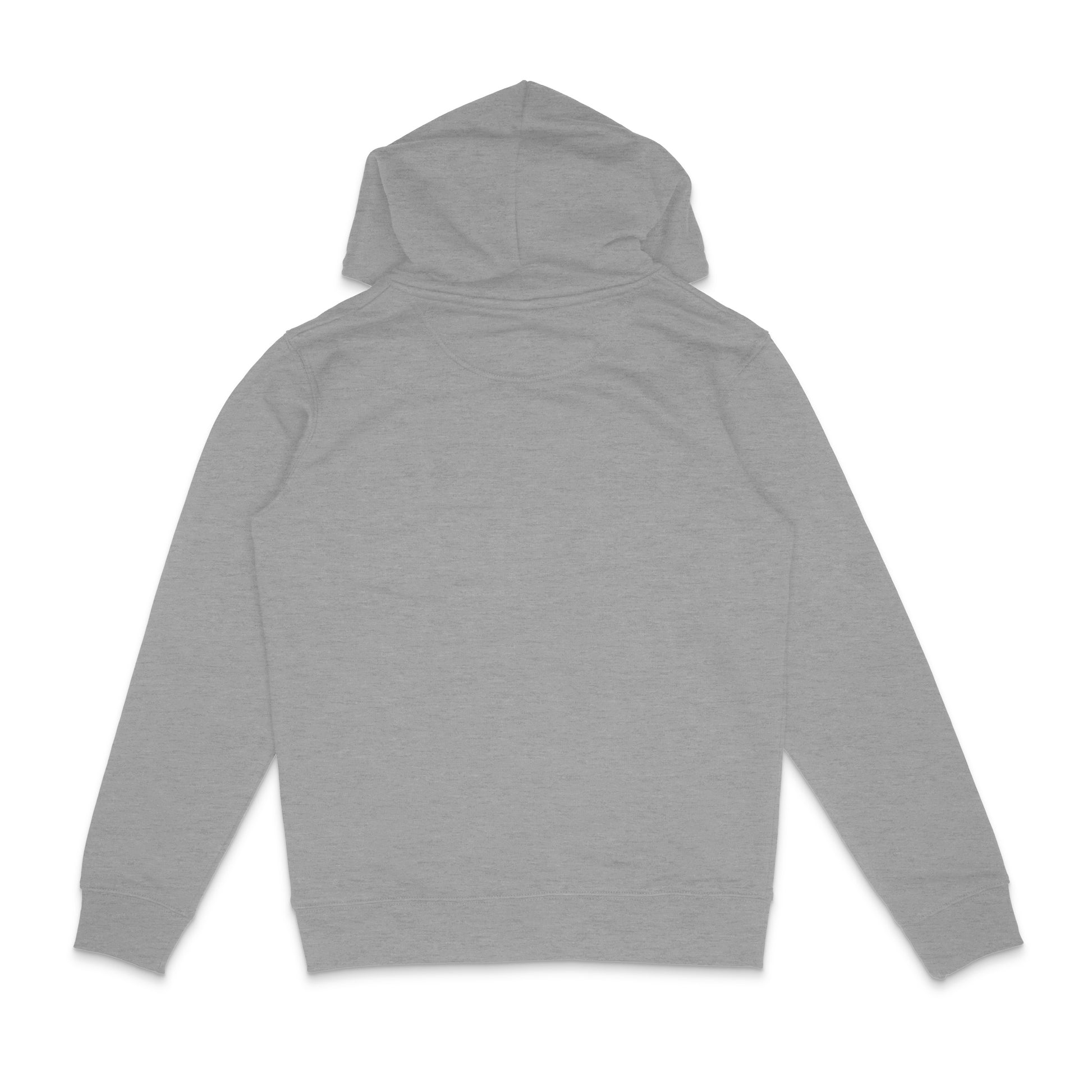 Backside of a heather grey hoodie for bikers