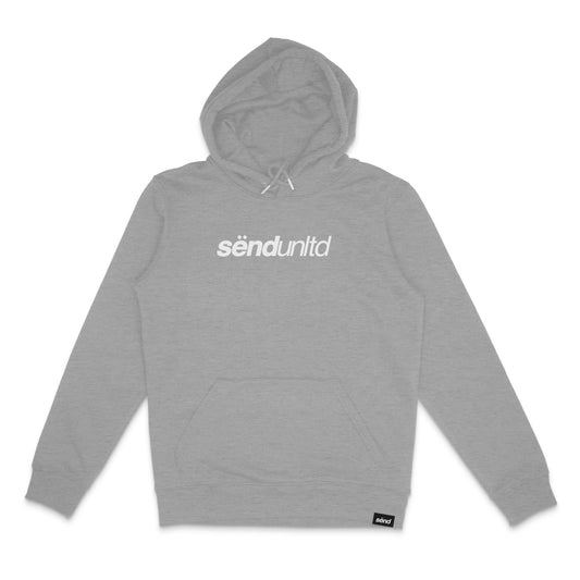 Frontside of a heather grey hoodie for bikers with a bold sënd logo print on the chest