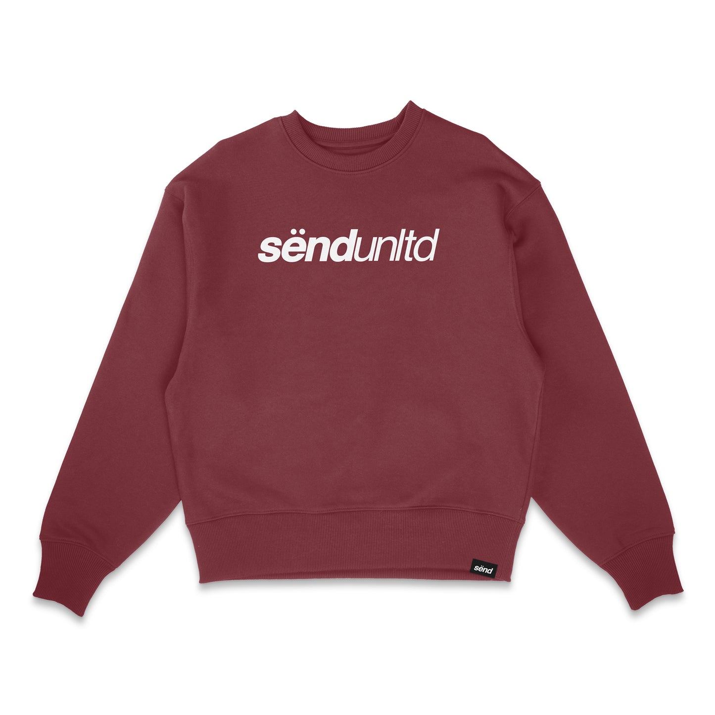 Frontside of a burgundy red crewneck sweater for bikers with a bold sënd logo print on the chest