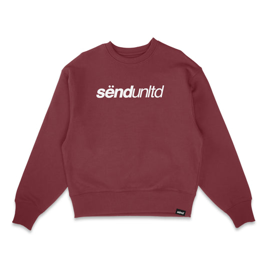 Frontside of a burgundy red crewneck sweater for bikers with a bold sënd logo print on the chest