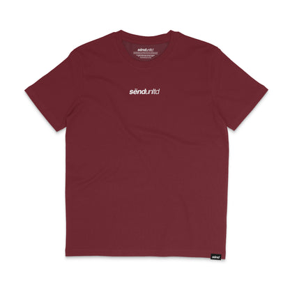 Frontside of a burgundy red t-shirt for bikers with a small sënd logo print on the chest