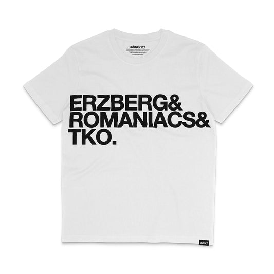 Frontside of a white t-shirt with a bold Erzberg & Romaniacs & TKO print on the chest 