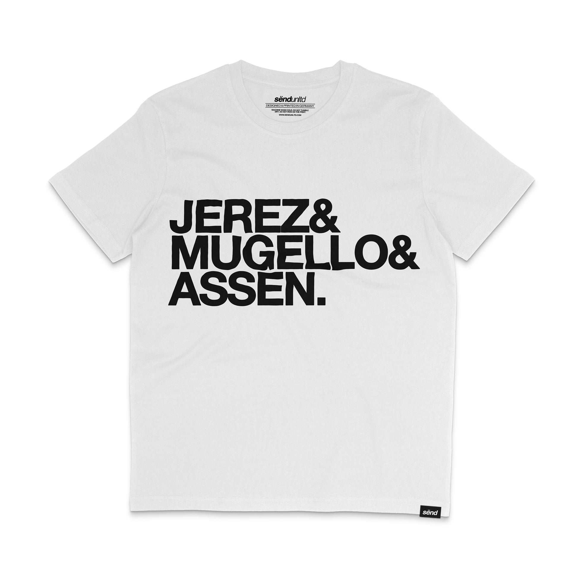 Frontside of a white t-shirt with a bold Jerez & Mugello & Assen print on the chest 