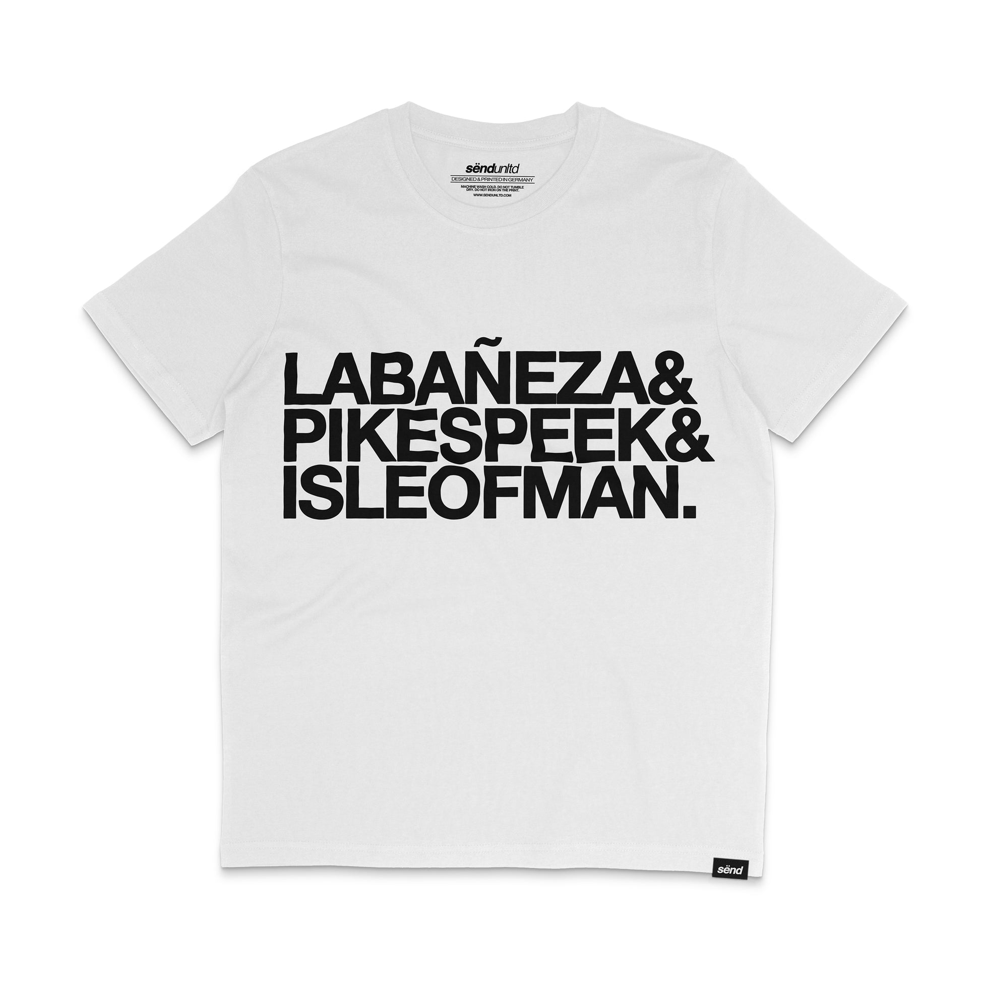 Frontside of a white t-shirt with a bold La Baneza & Pikes Peek & Isle Of Man print on the chest 