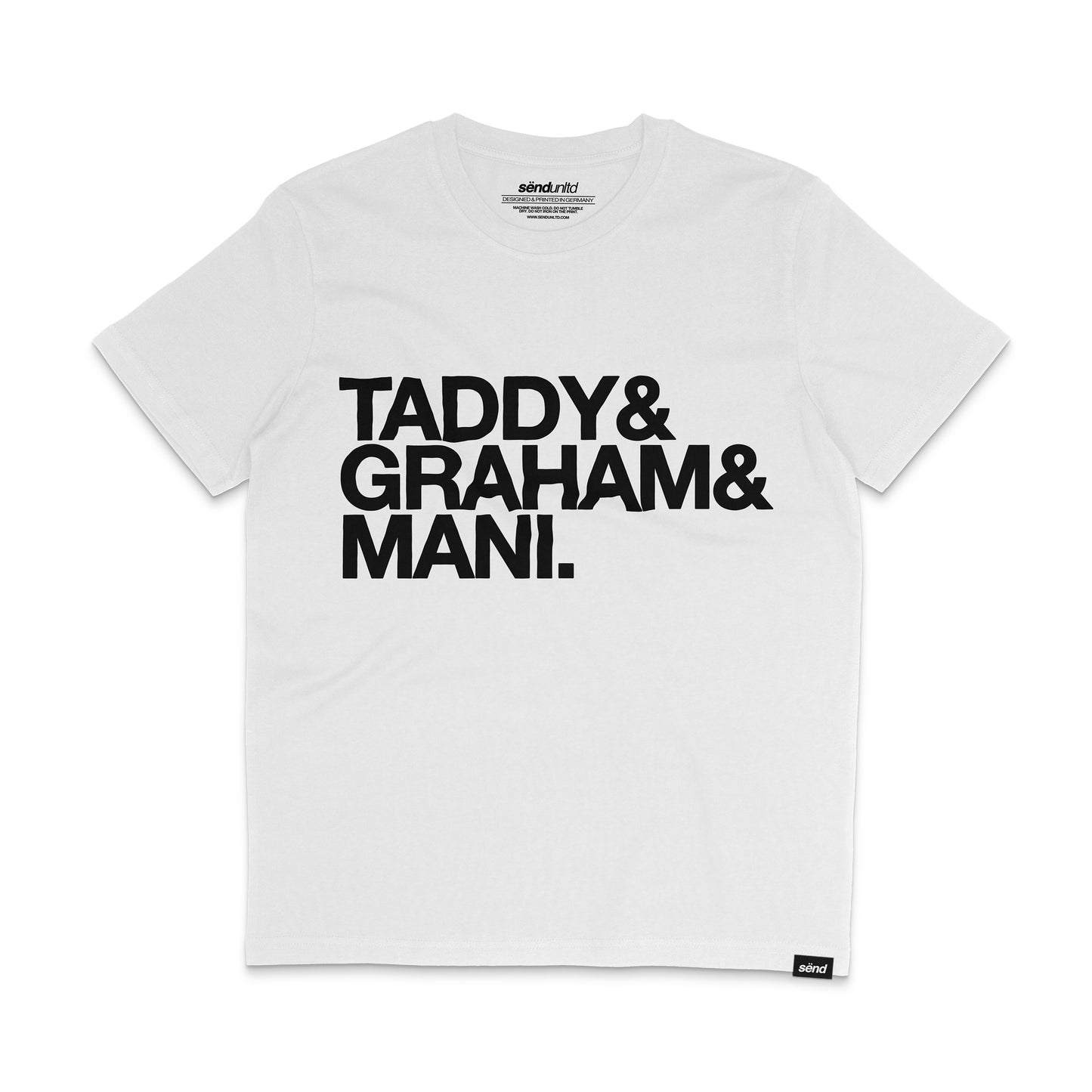 Frontside of a white t-shirt with a bold Taddy & Graham & Mani  print on the chest 