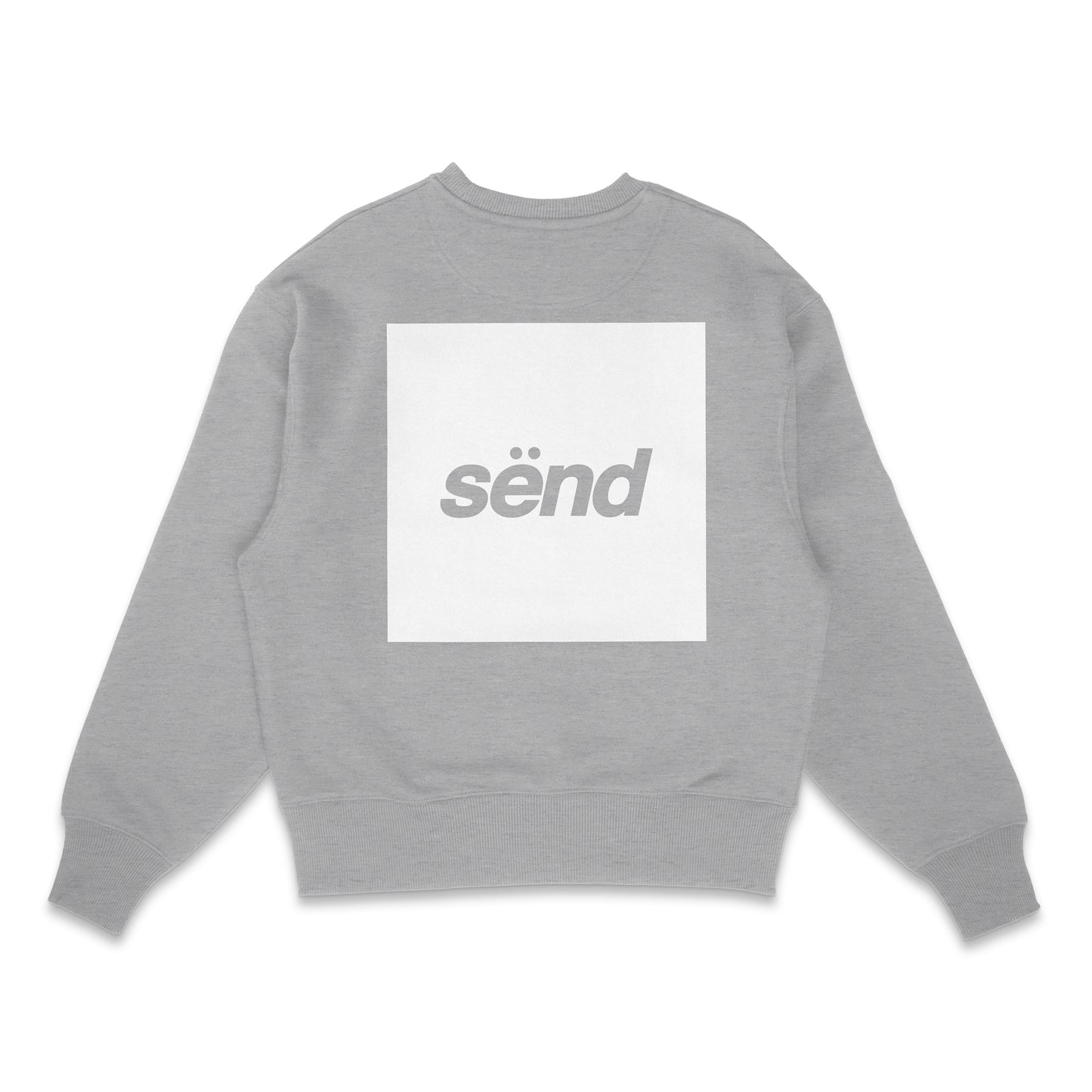 Backside of a heather grey crewneck sweater for bikers with a large sënd logo print 