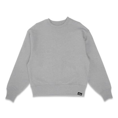 Frontside of a heather grey crewneck sweater for bikers with a small sënd logo hem tag