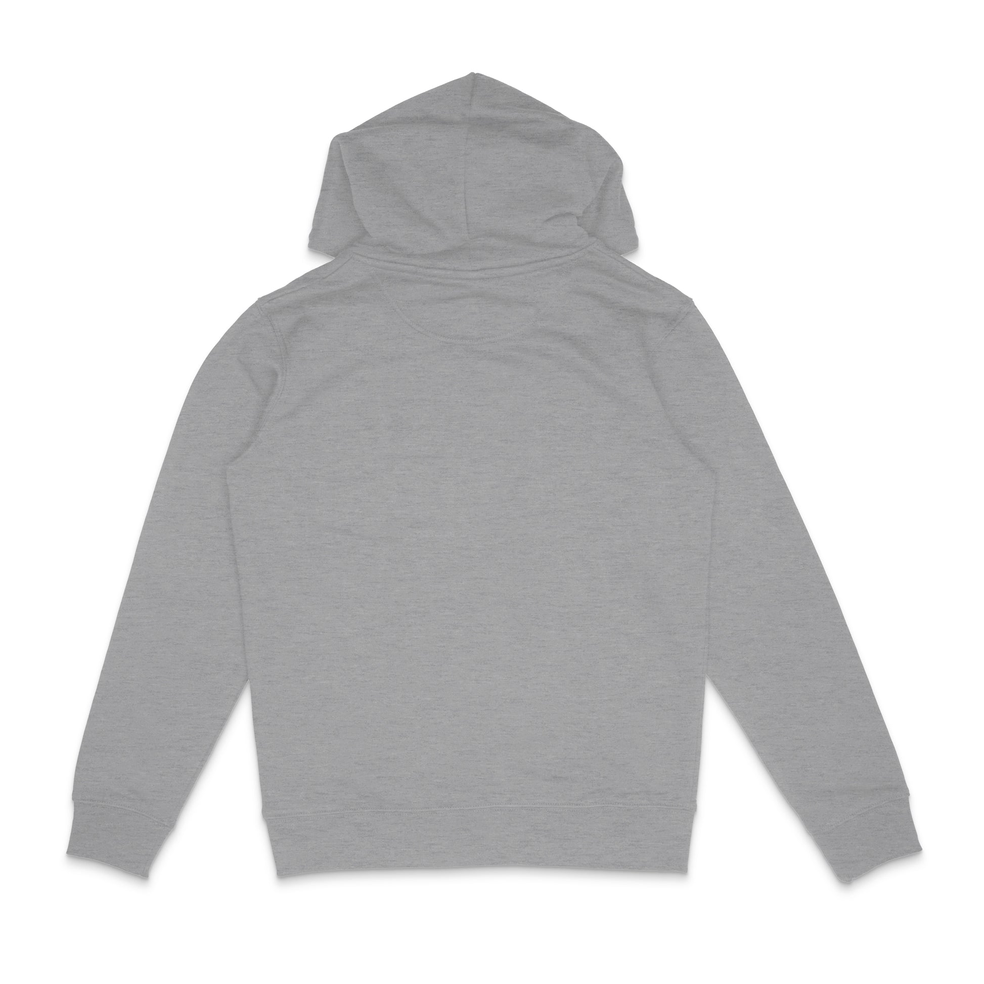 Backside of a heather grey hoodie for bikers 