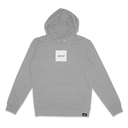 Frontside of a heather grey hoodie for bikers with a small sënd logo print on the chest