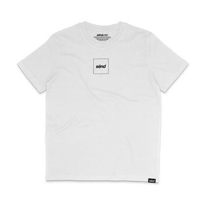 Frontside of a white t-shirt for bikers with a small sënd logo print on the chest