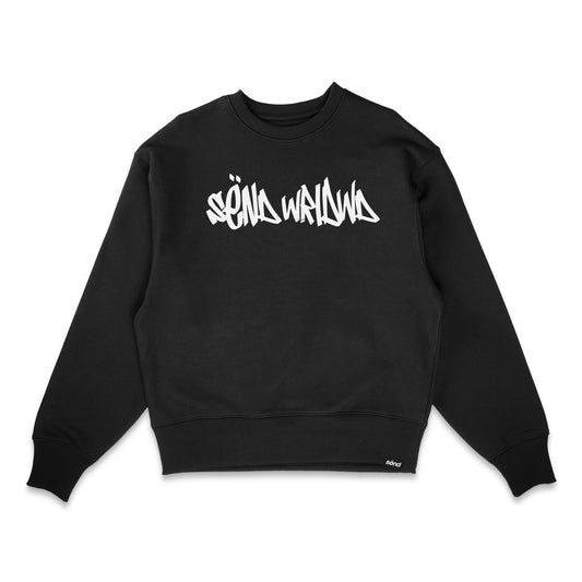Frontside of a black crewneck sweater for bikers with a bold sënd wrldwd graffiti tag on the chest