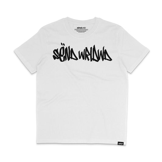 Frontside of a white t-shirt  for bikers with a bold sënd wrldwd graffiti tag on the chest